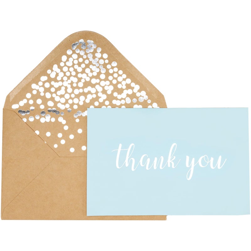 CHRIZ.Z Thank You Cards - Blank 50 Pack Baby Blue Matte Finish Cards with Silver Foiled "Thank You" Printed with 52 Confetti Design Kraft Envelopes 4" x 6" - for Bridal Shower Baby Shower Birthday Party - Image 1